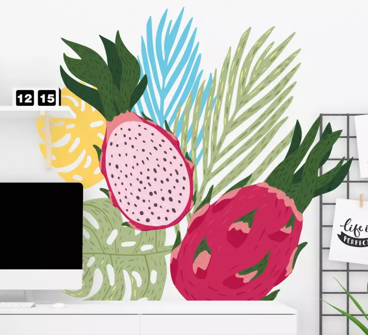 Composition dragon fruit tropical leaves decal - TenStickers