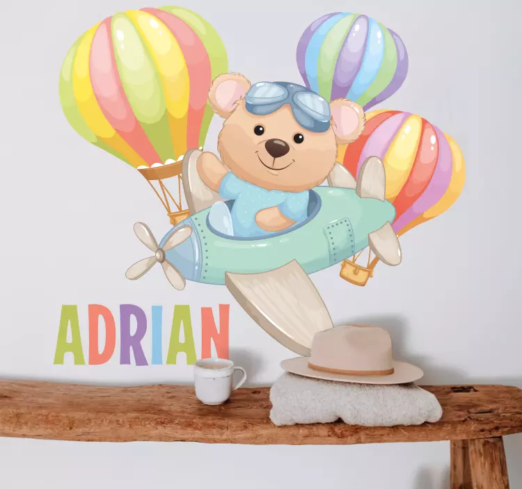 Cute bear on an airplane with balloons  decal - TenStickers