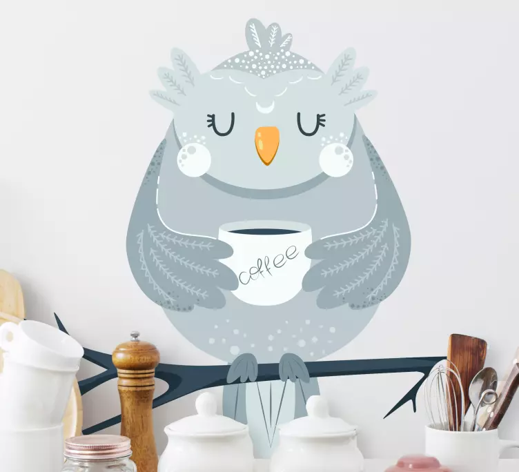 Owl with coffee mug illustration kitchen decal - TenStickers