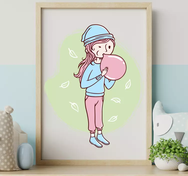 Cute woman blowing balloons wall sticker - TenStickers