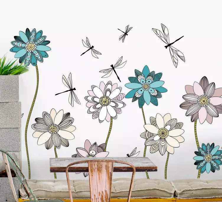 Dragonflies flying around flowers wall sticker - TenStickers