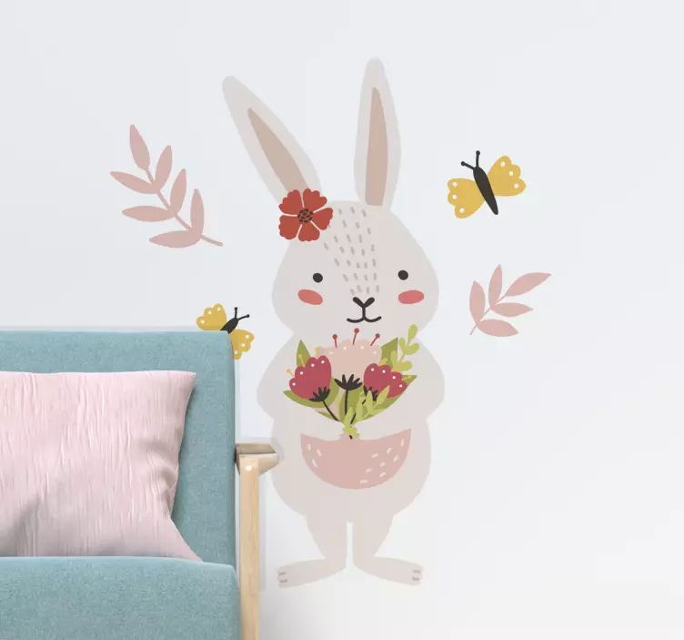 Easter bunny holding pink flowers wall sticker - TenStickers