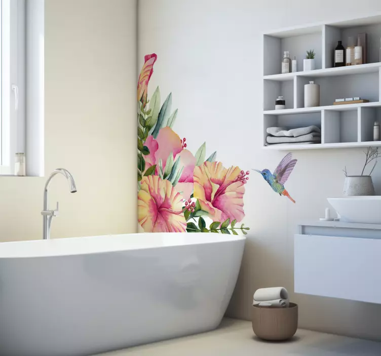 flowers with hummingbird bathroom wall decal - TenStickers