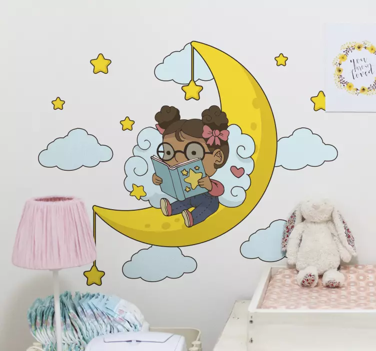Girl reading on moon illustration decal - TenStickers