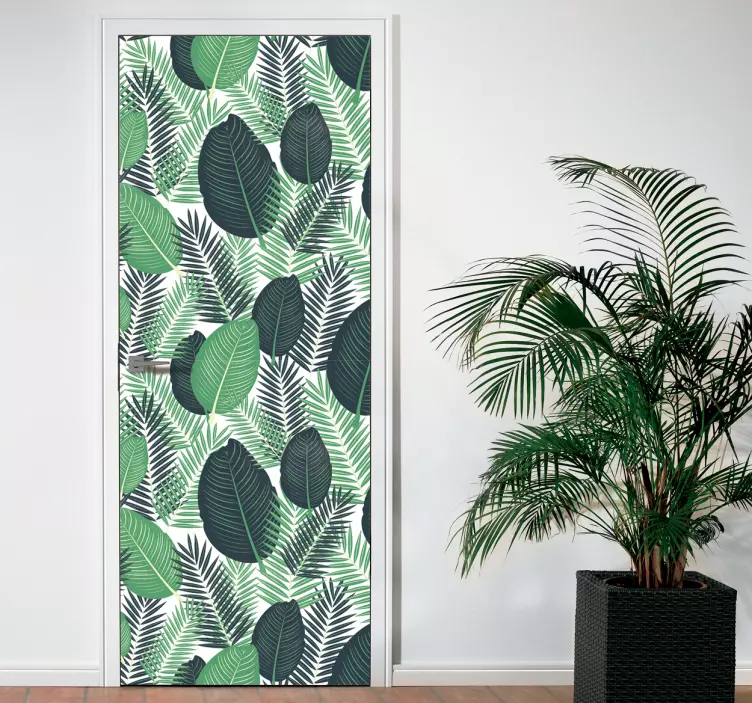 Green exotic leaves door sticker - TenStickers