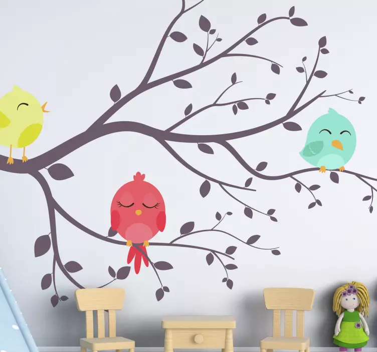Happy birds in tree wall sticker - TenStickers