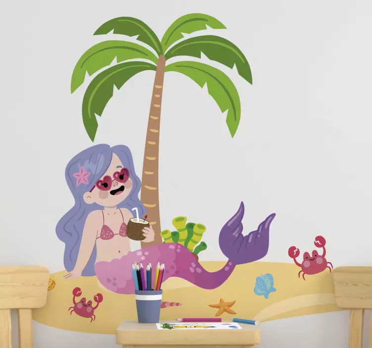 Kid's sticker mermaid beach scene - TenStickers