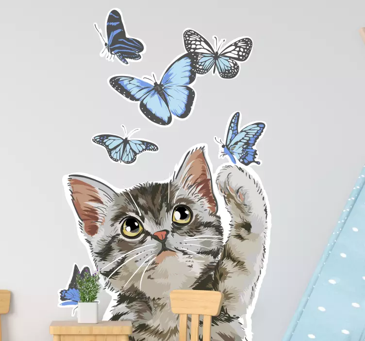 Kitty with blue butterflies animal wall decal - TenStickers