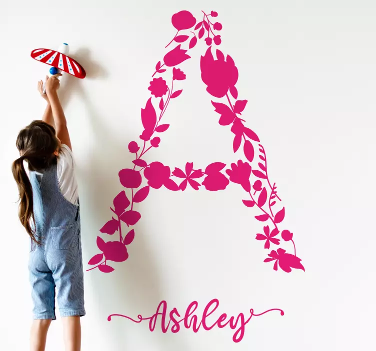 Pink flower initial text wall sticker - TenStickers