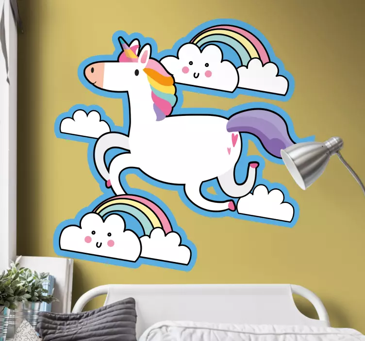Unicorn running with clouds kid's sticker - TenStickers