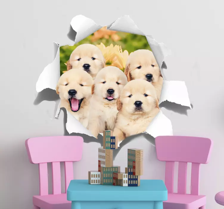 Puppies trompe l'oeil wall sticker - TenStickers