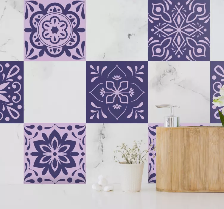Purple floral tiles tile sticker - TenStickers