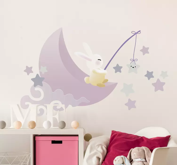 Rabbit on moon throwing stars kid's sticker - TenStickers