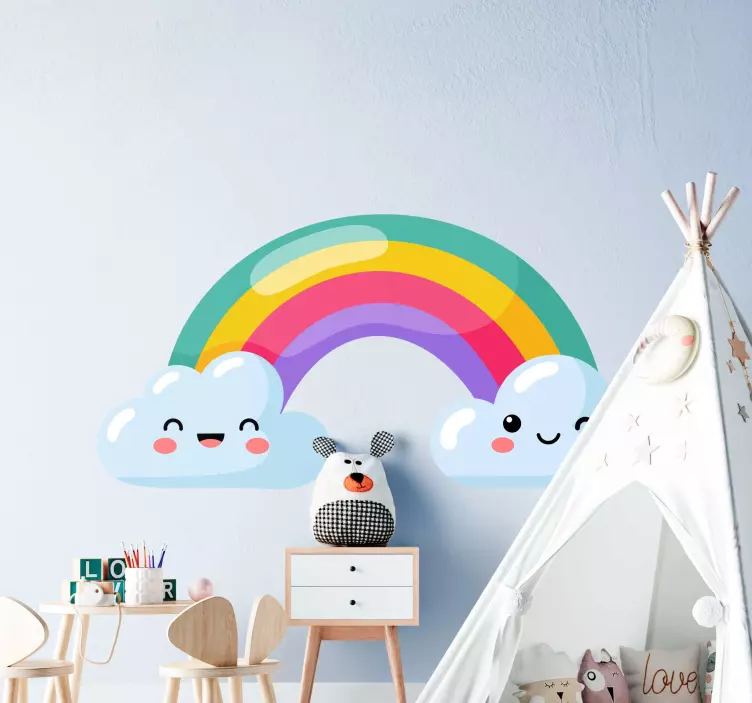 rainbow with happy clouds illustration decal - TenStickers