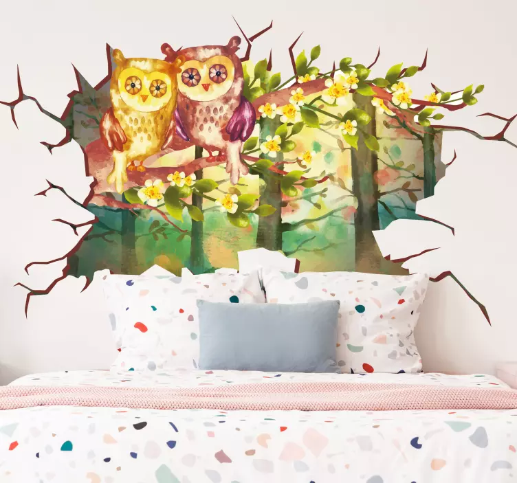 Trompe l'oeil owls landscape illustration decal - TenStickers