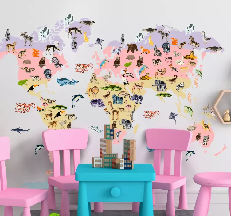 Pastel animal motif world map decal for wall - TenStickers