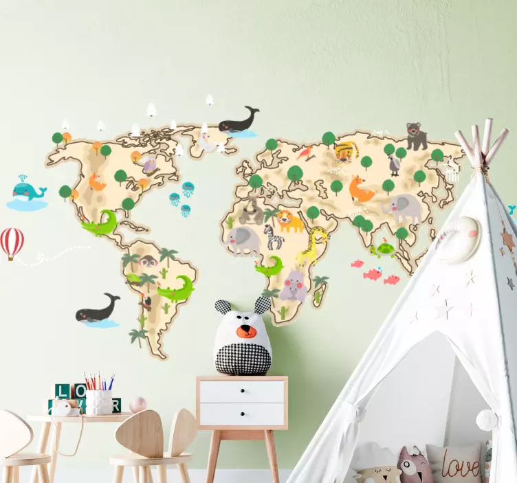 Vintage art style with animals world map decal - TenStickers