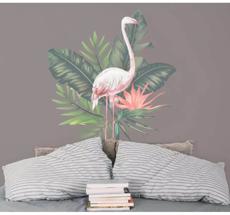 watercolor flamingo and monstera leaves  bird sticker - TenStickers