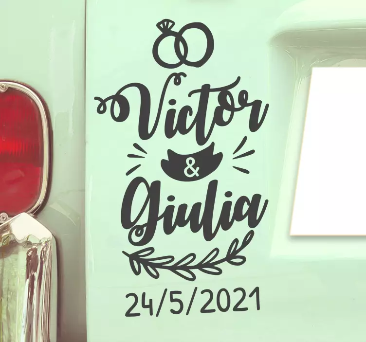 Wedding car ornaments name and date Car Sticker - TenStickers