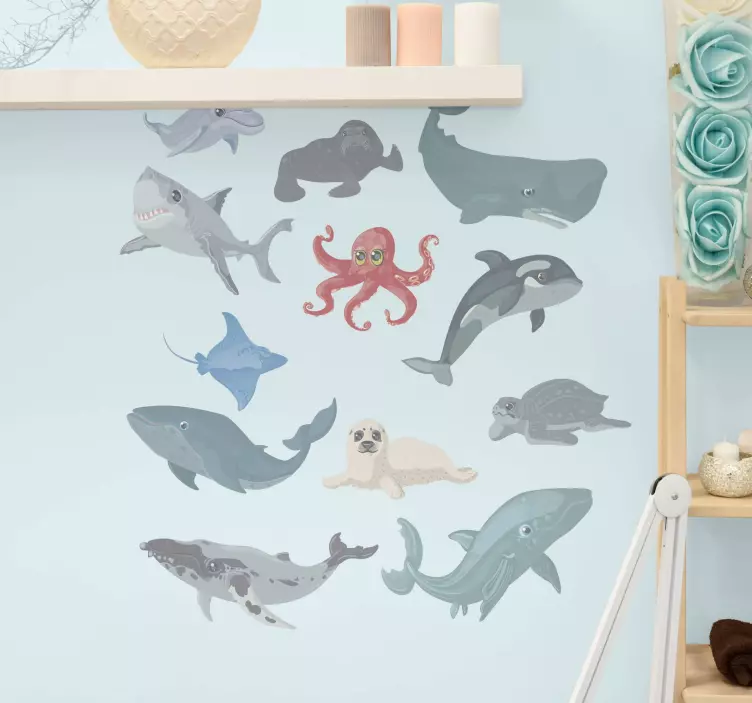 Whale dolphin shark turtle fish sticker - TenStickers