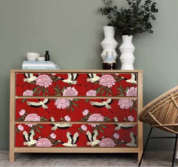 White birds on red tropical furniture decal - TenStickers