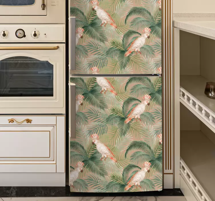 White parrots on beige palms fridge decal - TenStickers