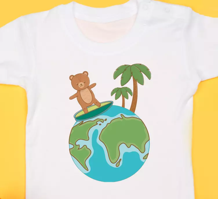 Teddy bear globe surfing Baby shirt - TenStickers