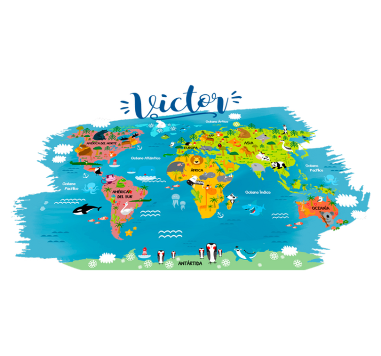 World map vinyl rug with animal names in spanish - TenStickers