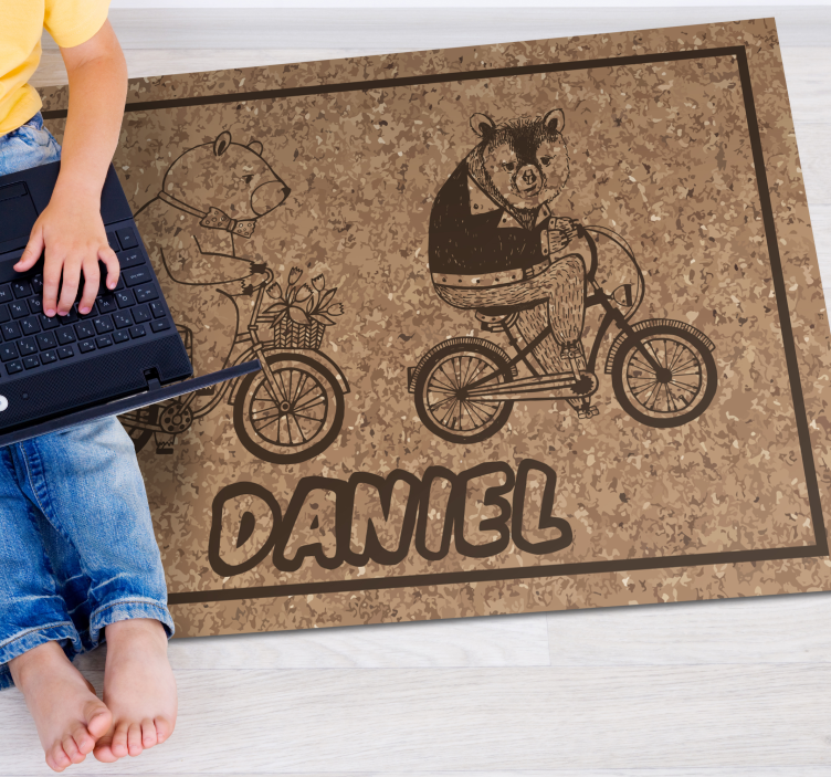 Bicycling bears with name kids vinyl rug - TenStickers
