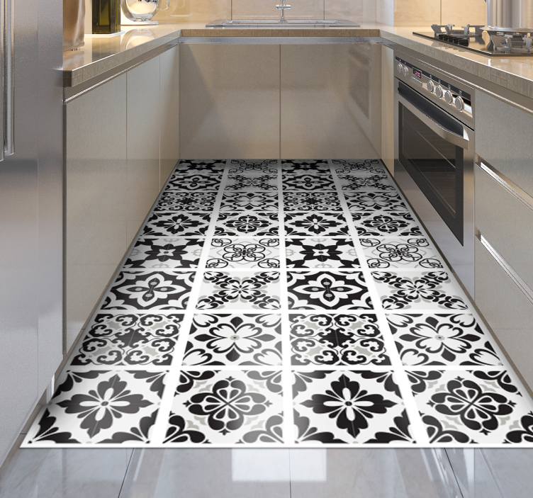 Black and white tiles modern kitchen vinyl rug - TenStickers