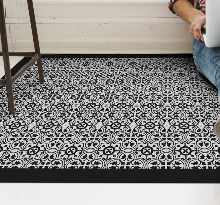 Black floral pattern tile vinyl rug - TenStickers