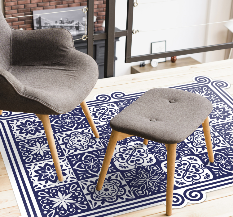Blue tiles and white ribbon vinyl room rug - TenStickers