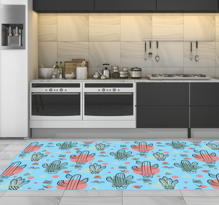 Blue cactus pattern kitchen vinyl rug - TenStickers