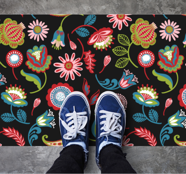Colorful folk pattern on a dark floral rug - TenStickers