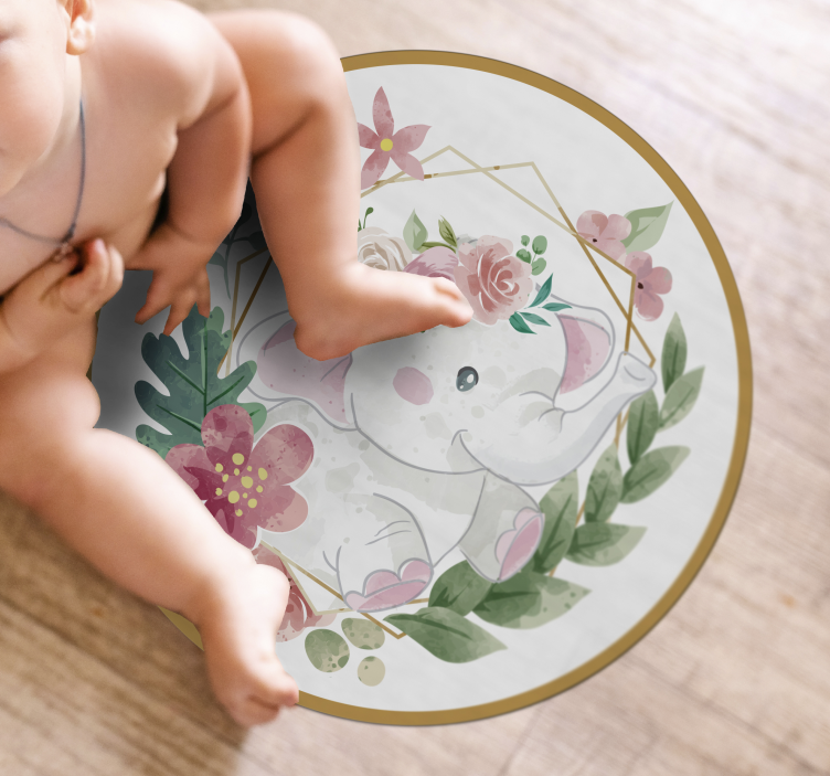 Floral Elephant Circular kids vinyl rug - TenStickers