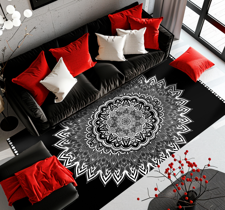 Floral mandala design black vinyl rug - TenStickers