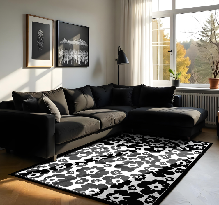 Floral vinyl rug black poppy design - TenStickers