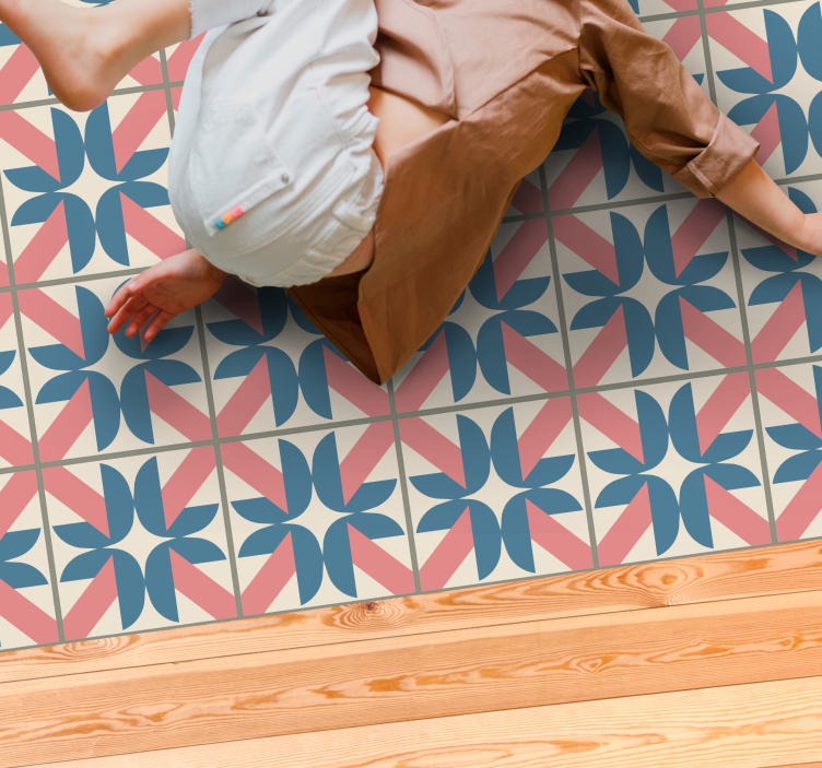Pink blue geometric pattern tile vinyl rug - TenStickers