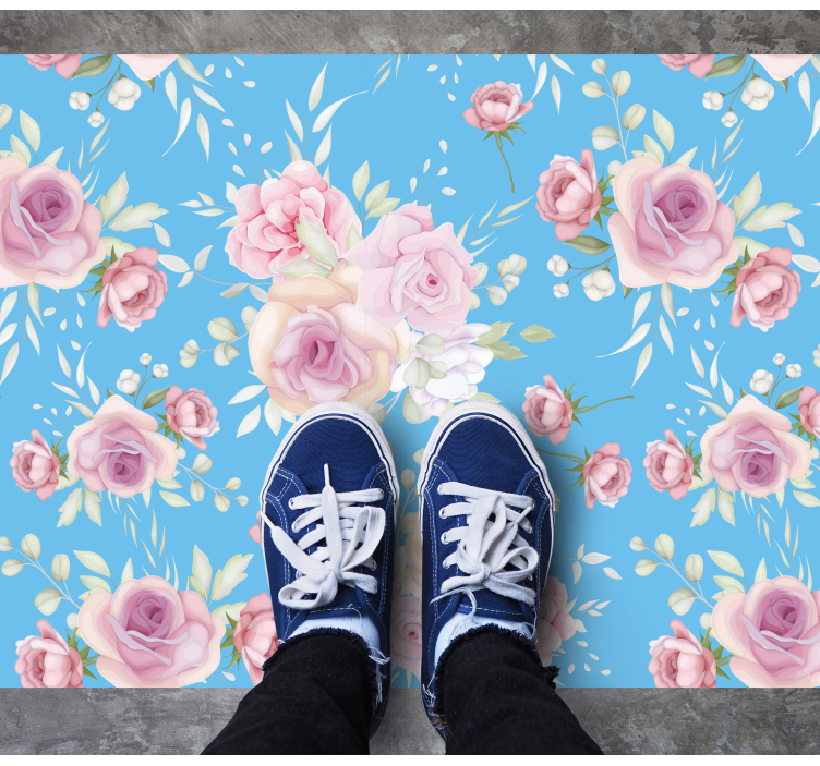 ROSE BLOSSOMS ON BLUE floral vinyl rug - TenStickers