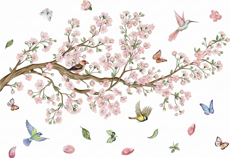 Cherry blossom with birds floral vinyl rug - TenStickers