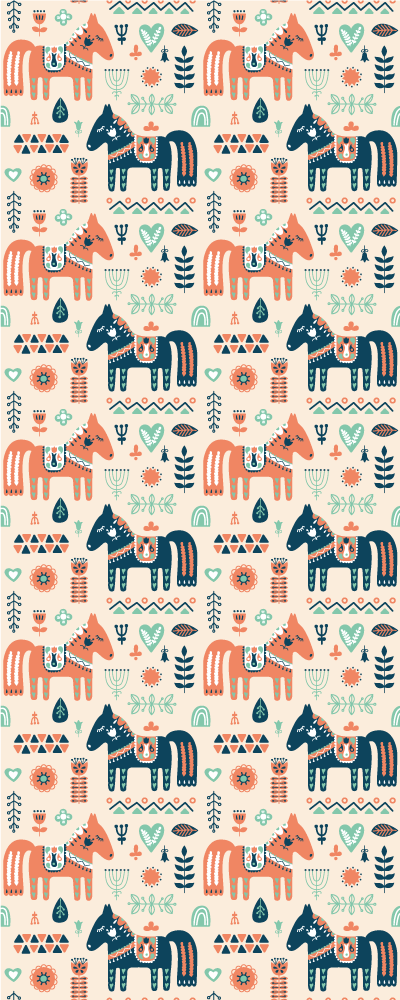 Animal vinyl rug with nordic leaves and horses - TenStickers