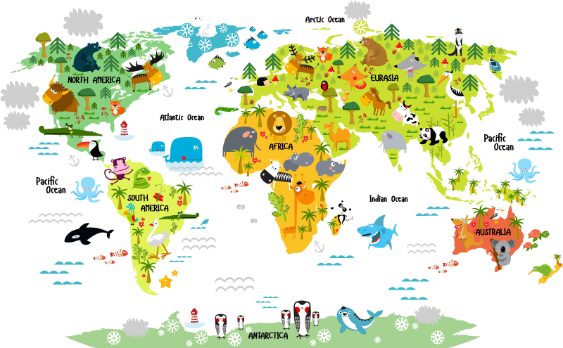 World map vinyl rug animal world map rug - TenStickers