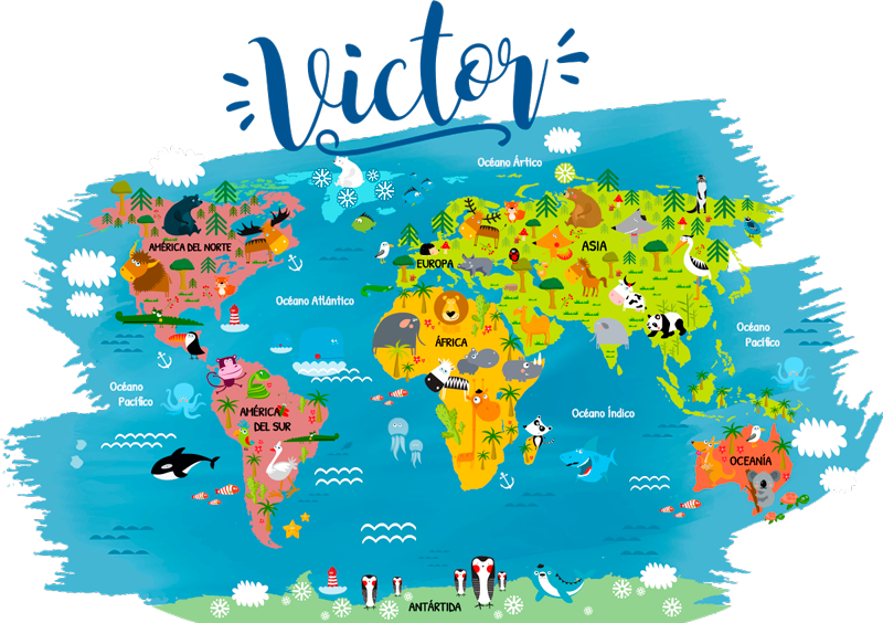 World map vinyl rug with animal names in spanish - TenStickers