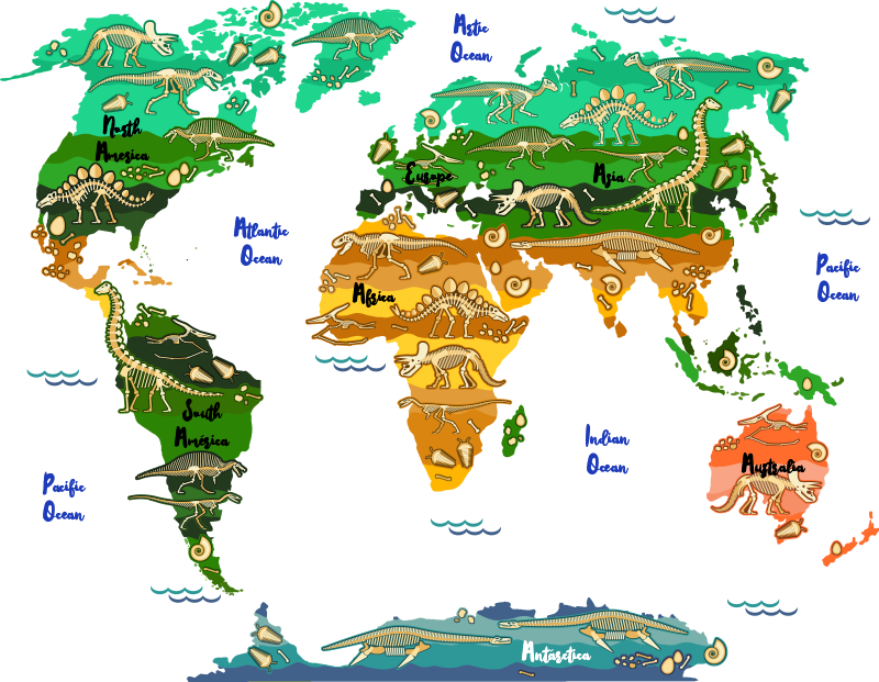 World map vinyl rug with english dinosaur names - TenStickers