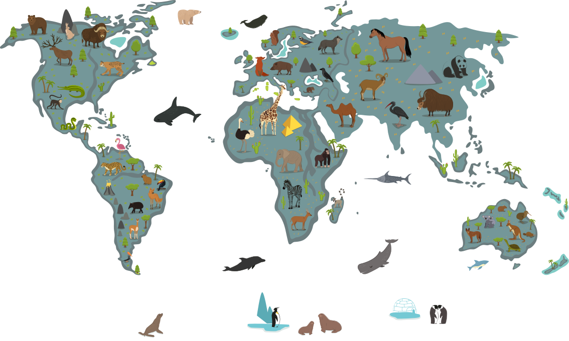 World map vinyl rug with playful animals and trees - TenStickers