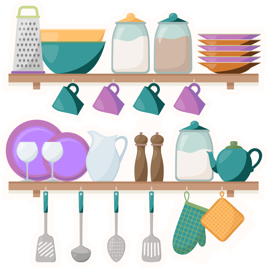 Kitchen vinyl rug with cooking tools shelves - TenStickers