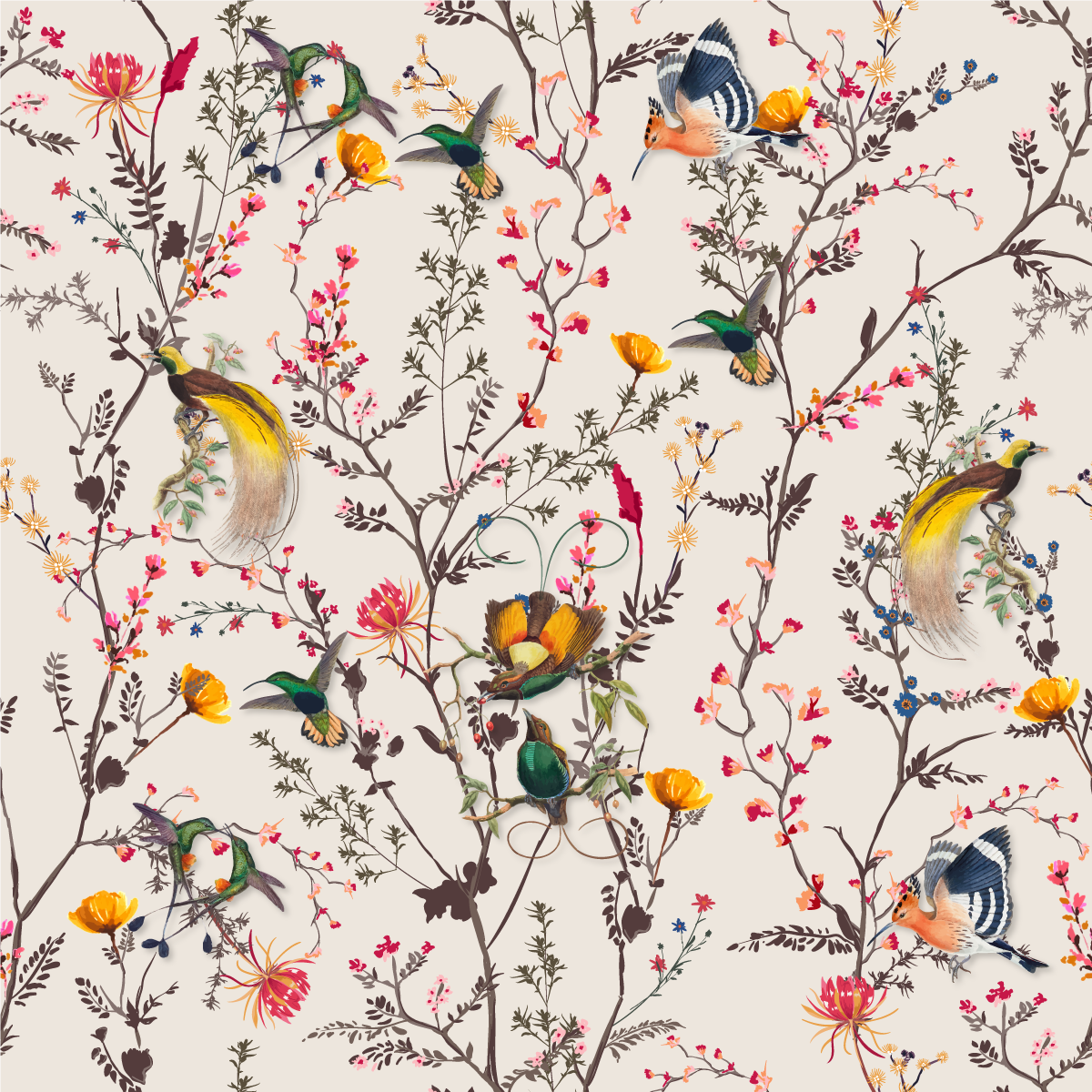 Botanical Bird Pattern floral rug - TenStickers