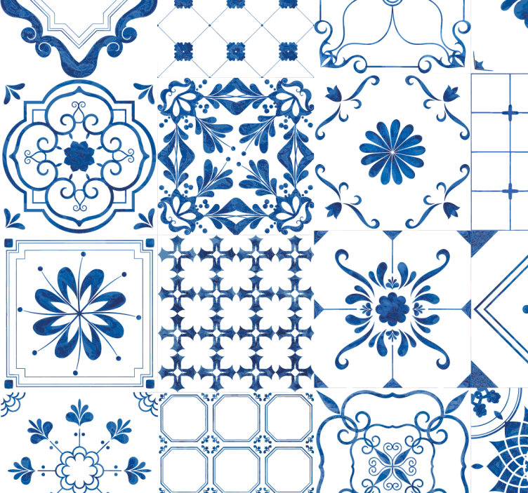 Intricate blue and white motif tile effect wallpaper - TenStickers