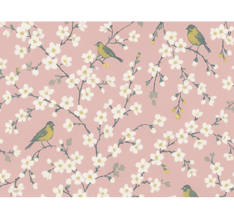 Flowers wallpaper pink orchard birds - TenStickers