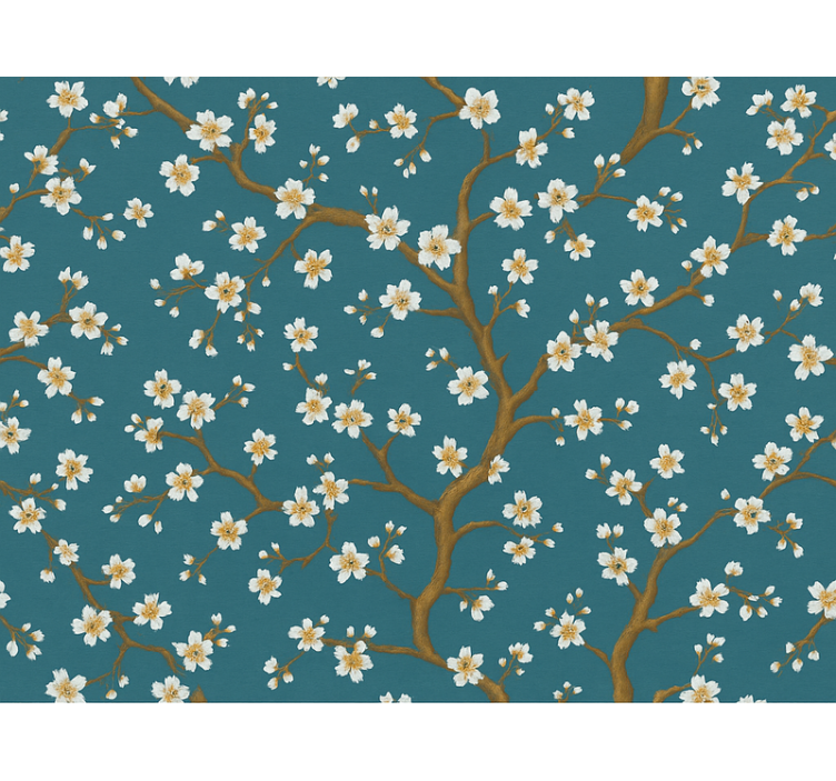 Flowers wallpaper golden blossom teal - TenStickers